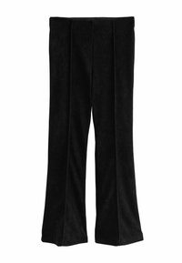 Black corduroy pants with a high waist and slightly flared legs, displayed with front seams visible against a white background.