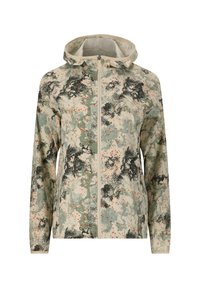 Beige camouflerad huva jacka med svarta, gröna och orange sprutmönster, med dragkedja framtill och långa ärmar. Mjuk textur.