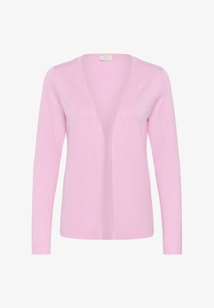 Cardigan roz deschis, cu mâneci lungi și front deschis, cu o siluetă ajustată, fără nasturi sau închizători.