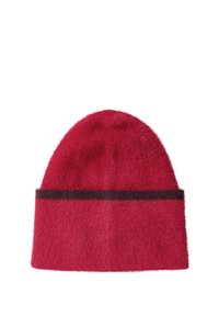 Berretto lavorato a maglia di colore rosso con una texture morbida e pelosa, e una striscia orizzontale marrone scuro a contrasto nella parte inferiore.
