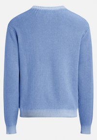Knitted blue sweater with ribbed texture, round neckline, and long sleeves. Features a slightly cropped fit and contrasting hem and cuff.