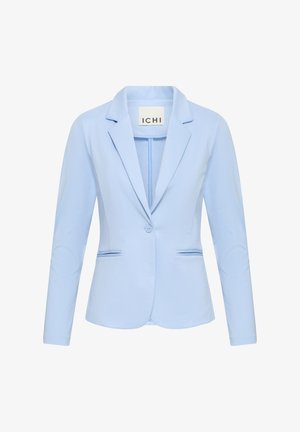 Világoskék zakó sima szövetből, bevágott hajtókával, egyetlen gombos záródással, két első zsebbel és testhezálló szabással.