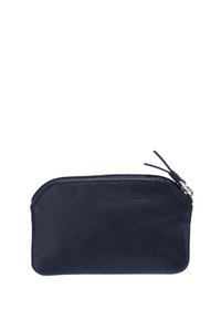 Mornarsko usnjeno torbico z gladko teksturo, z zadrgo in zaobljeno obliko. Kompaktna zasnova primerna za manjše predmete.