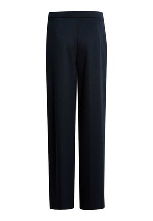 Granatowe, proste spodnie o średnim stanie, z gładkim przodem, bez widocznych ozdób ani kieszeni.