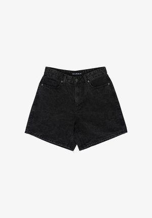 Zwarte denim shorts met een hoog tailleontwerp, contrasterende stiksels, voorzakken en een knoopsluiting.