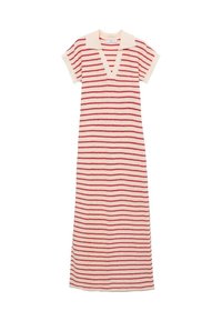Robe en maille à manches courtes à rayures horizontales crème et rouges, avec col et décolleté en V profond, longueur midi.