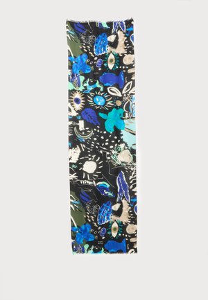 Longue écharpe rectangulaire avec un fond noir présentant des formes abstraites bleues, sarcelle, blanches et beiges, incluant des yeux, des feuilles et des animaux.