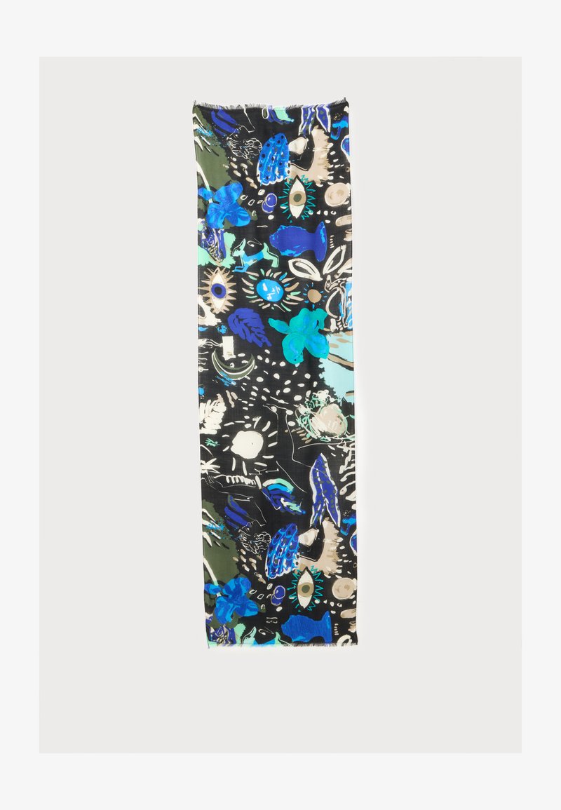 Longue écharpe rectangulaire avec un fond noir présentant des formes abstraites bleues, sarcelle, blanches et beiges, incluant des yeux, des feuilles et des animaux.