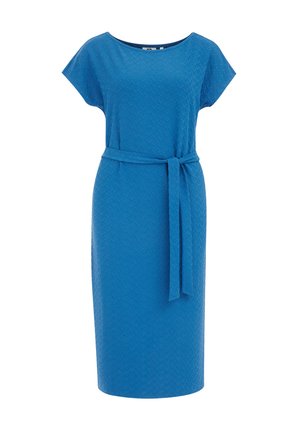 Blaues Kleid mit einem strukturierten Muster, kurzen Ärmeln und einem Taillengürtel, das ein gerades, knielanges Design aufweist.