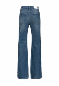 Džínsy s vysokým pasem v tmavě modré denimové barvě, širokého střihu, vybavené dvěma zadními kapsami a jemným vyblednutím materiálu. Bílý pás jako akcent.