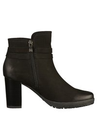 Black ankle boot with a smooth synthetic upper, side zipper, stacked heel, and a textured rubber sole. Features two narrow horizontal straps.
