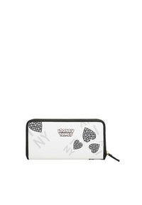Portafoglio bianco con cuori a pois neri, logo "Looney Tunes" e testo grigio "NY" su una superficie liscia con chiusura a zip.