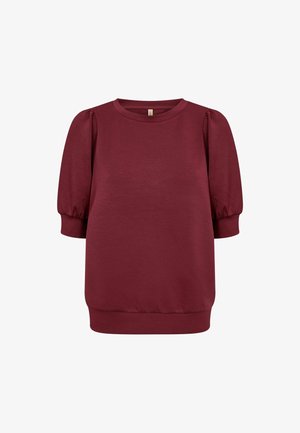 Burgundy short-sleeve blouse with puffed sleeves, ribbed cuffs, crew neckline, and fitted hem against a white background.