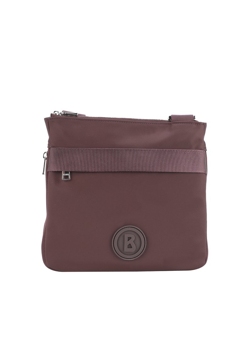 Borsa in nylon bordeaux con una banda orizzontale testurizzata e un logo circolare. Dotata di chiusura con cerniera e doppi manici.