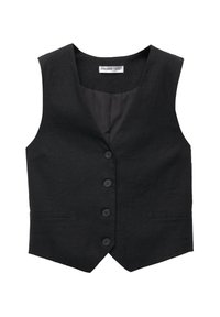 Chaleco negro de lino con escote en forma de V, seis botones en la parte delantera y un acabado texturizado. Presenta un bolsillo de ojal en el lado izquierdo.