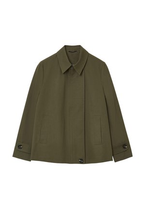 Olive green collared jacket made from a smooth fabric with two side pockets and black button details at the cuffs.