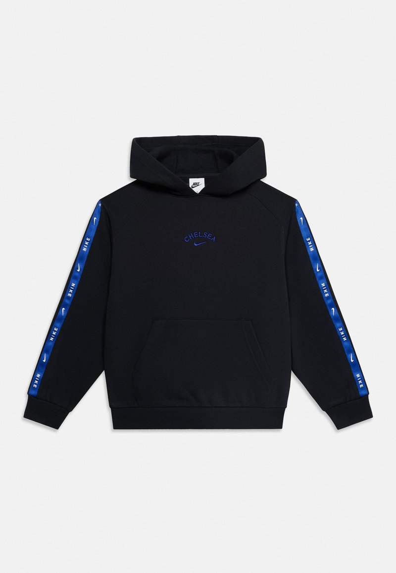 Μαύρο φούτερ Nike με μπλε λογότυπο "Chelsea" και swoosh στο στήθος, μπλε ρίγες με σήμανση στις μανσέτες και μπροστινή τσέπη καγκουρό.