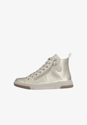 Baskets montantes beige avec côtés perforés, laçage sur le devant, fermeture éclair latérale, languette au talon et semelle en caoutchouc.