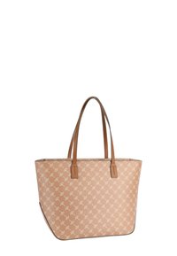 Sac fourre-tout en matériau synthétique beige clair, avec un motif répétitif et des poignées en cuir brun. Design ouvert avec une structure douce.