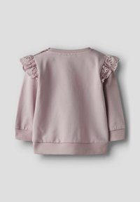 Felpa rosa chiaro con pizzo lungo le spalle, maniche lunghe, polsini e orlo a coste. Tessuto morbido con una texture liscia.