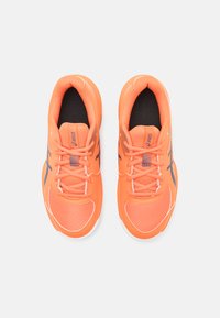 Orange athletic shoes with mesh and synthetic material, lace-up design, contrasting gray accents, and cushioned interior.