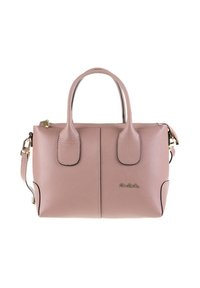 Borsa a mano in pelle testurizzata rosa pallido con doppi manici, tracolla staccabile, hardware color oro e logo sottile sul davanti.