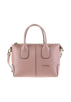 Borsa a mano in pelle testurizzata rosa pallido con doppi manici, tracolla staccabile, hardware color oro e logo sottile sul davanti.