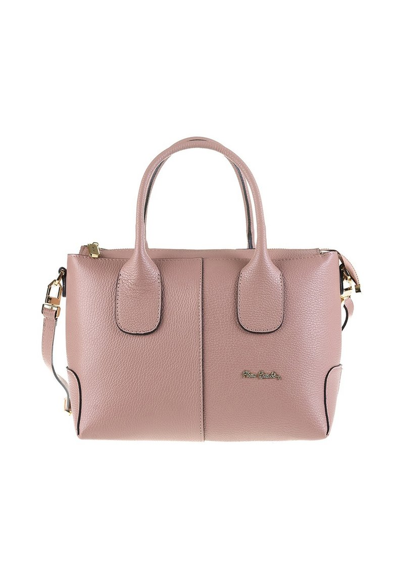 Borsa a mano in pelle testurizzata rosa pallido con doppi manici, tracolla staccabile, hardware color oro e logo sottile sul davanti.