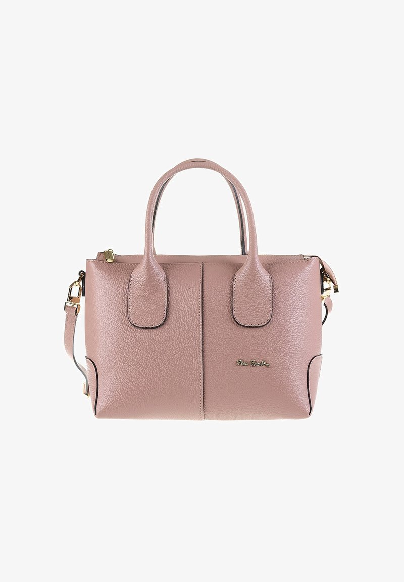 Borsa a mano in pelle testurizzata rosa pallido con doppi manici, tracolla staccabile, hardware color oro e logo sottile sul davanti.