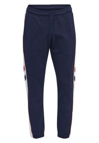 Navyblaue Jogginghosen mit einem Kordelzugbund, versehen mit weißen Seitenpanelen, die mit roten und blauen geometrischen Mustern akzentuiert sind. Verstellbare Bündchen.