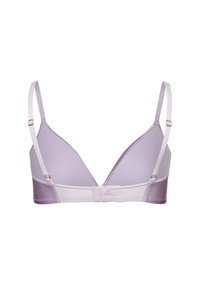 Reggiseno triangolare lilla con spalline regolabili, materiale liscio simile alla seta, gradiente di colore sfumato e leggera imbottitura per migliorare la forma.