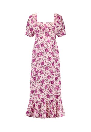 Floral midi dress featuring a square neckline, puff sleeves, and a ruffled hem. Made of light fabric with pink and purple rose patterns.