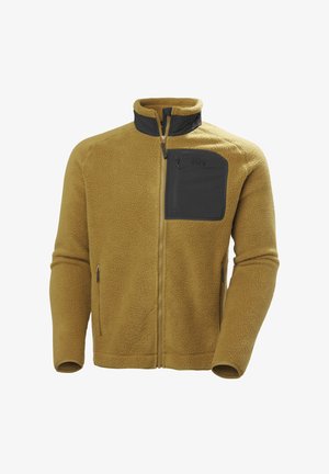 Fleece jacket in mustard yellow with a black zippered chest pocket, full front zipper, high collar, and textured fabric.