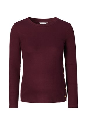Burgunderfarbene, gerippte Langarmbluse mit Rundhalsausschnitt und goldenen Knopfakzenten an der Seite, in taillierter Form und aus weichem Material.