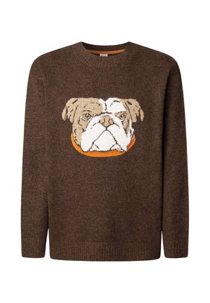 Ruskea neulepusero, jossa on brodeerattu bulldogin kasvot vaaleassa ja oranssissa. Pyöreä kaula-aukko ja pitkät hihat, joissa on ribbireunukset.