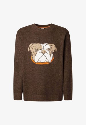 Rudas megztinis su kremine ir oranžine siuvinėta buldogo veidu. Apvalus kaklo iškirpimas ir ilgos rankovės su raštuotais manžetais.