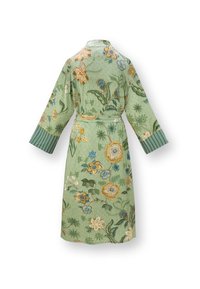 Green cotton robe featuring floral embroidery in blue, yellow, and white, with striped cuffs and a tie belt. Textured fabric with long sleeves.
