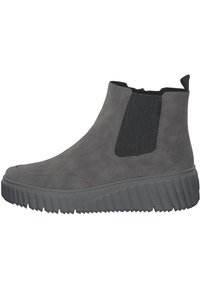 Bottine en suede grise avec panneaux élastiques sur les côtés, bout arrondi et semelle en caoutchouc texturé. Dotée d'une languette à l'arrière pour un enfilage facile.