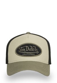 Beige- und olivgrüner Von Dutch Trucker-Cap mit schwarzen Netzseiten und einem ovalen Patch mit der Aufschrift "Von Dutch California" auf der Vorderseite.