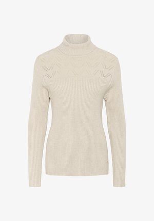 Kreemjas kampsun rib apartuuriga, millel on kõrge kaelus ja keeruline lahtine kudumine ülaosas. Pikkade varrukatega.