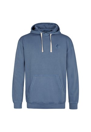 Blue hoodie made of soft fabric, featuring a front pocket, adjustable drawstring hood, and a circular logo on the chest.