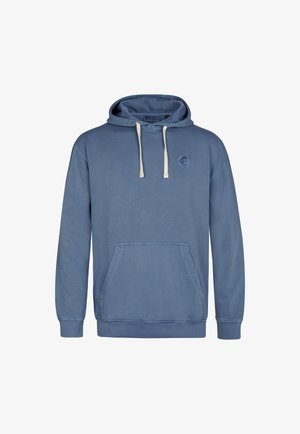 Sininen huppari, joka on valmistettu pehmeästä kankaasta. Siinä on etutasku, säädettävä nyöri huppua varten ja pyöreä logo rinnassa.