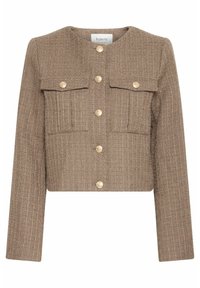 Chaqueta corta de tejido texturizado marrón, con cuello redondo, mangas largas, dos bolsillos en el pecho y cierres de botones dorados.