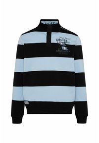 Pullover a maniche lunghe a righe nere e blu chiaro con colletto alto, dotato di una piastra frontale e grafiche stampate sul petto.