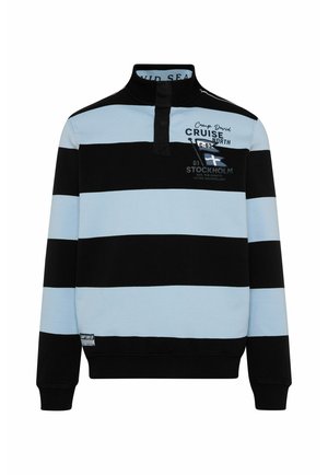 Czarny i jasnoniebieski prążkowany pulower z długim rękawem oraz wysokim kołnierzem, z przodem zapinanym na plisę i nadrukowanymi grafikami na piersi.