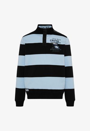 Czarny i jasnoniebieski prążkowany pulower z długim rękawem oraz wysokim kołnierzem, z przodem zapinanym na plisę i nadrukowanymi grafikami na piersi.