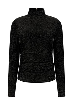 Top negro de manga larga con cuello alto y un sutil patrón de puntos brillantes, con una pequeña cremallera en la parte trasera del cuello.