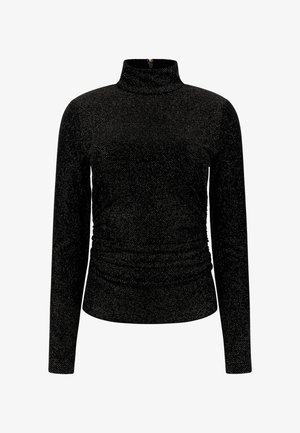 Top negro de manga larga con cuello alto y un sutil patrón de puntos brillantes, con una pequeña cremallera en la parte trasera del cuello.