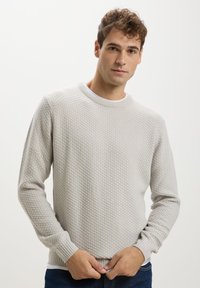 Maglione grigio chiaro con texture, collo rotondo, maniche lunghe e polsini a costine, indossato sopra una maglietta bianca.