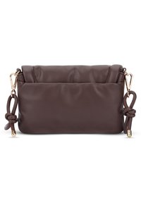 Brown leather pouch with soft texture, knotted accents, and gold hardware. Simple design without additional patterns or embellishments.